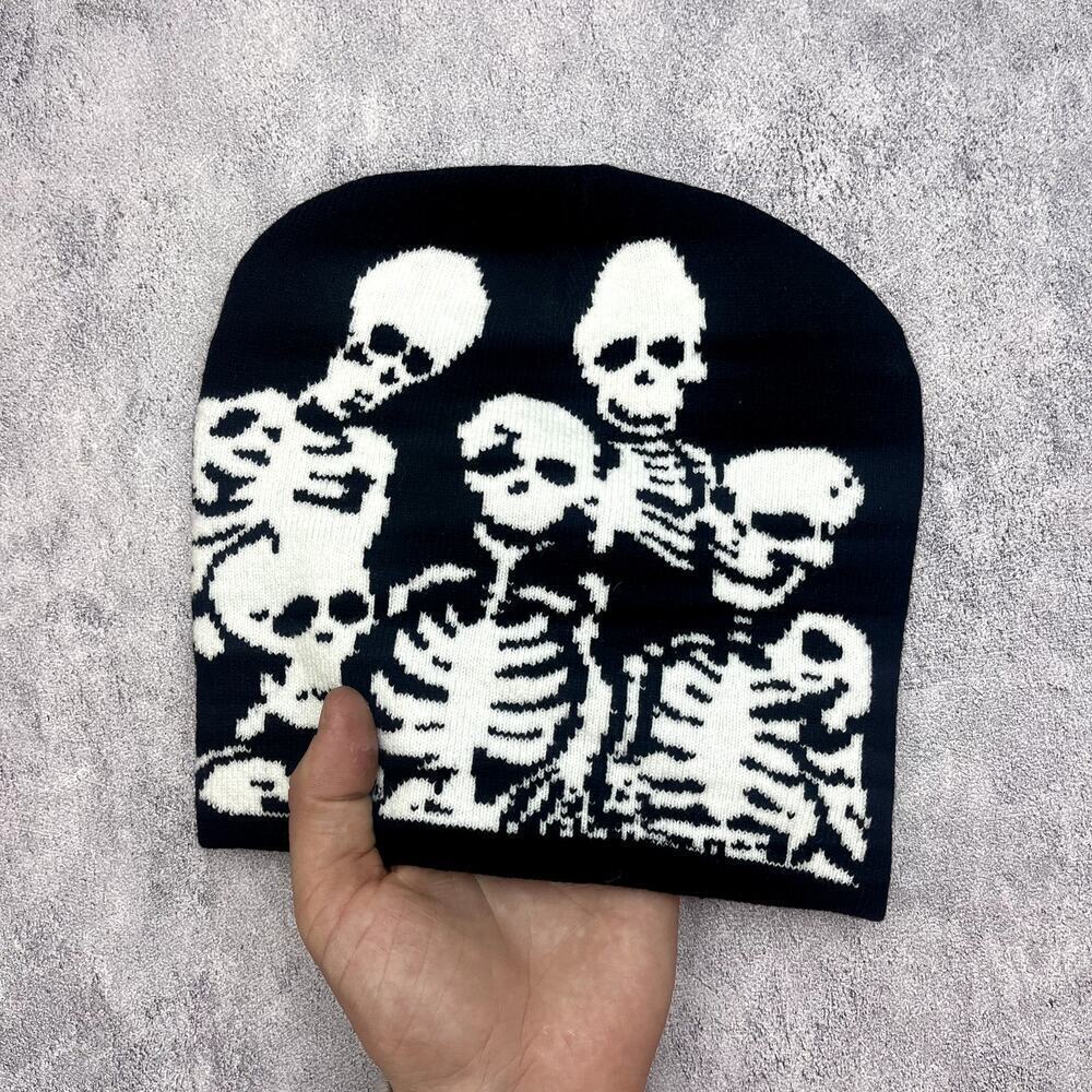 y2k grunge punk black and white skeleton beanie - Picture 3 of 7